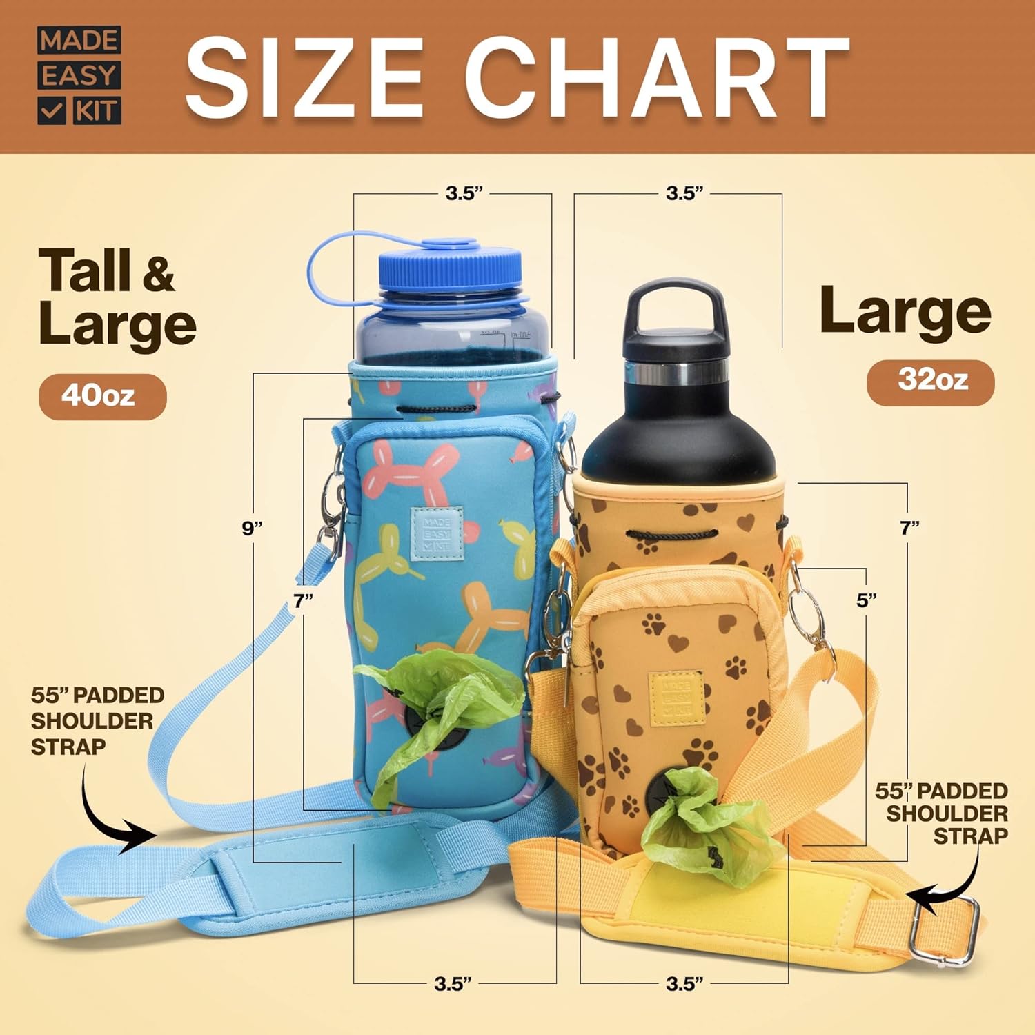 Made Easy Kit Water Bottle Carrier with Pocket for Dog Poop Waste Bags and Adjustable Padded Shoulder Strap (Large (32oz) with Bowl, Dog Lover, Brown) - Image 2