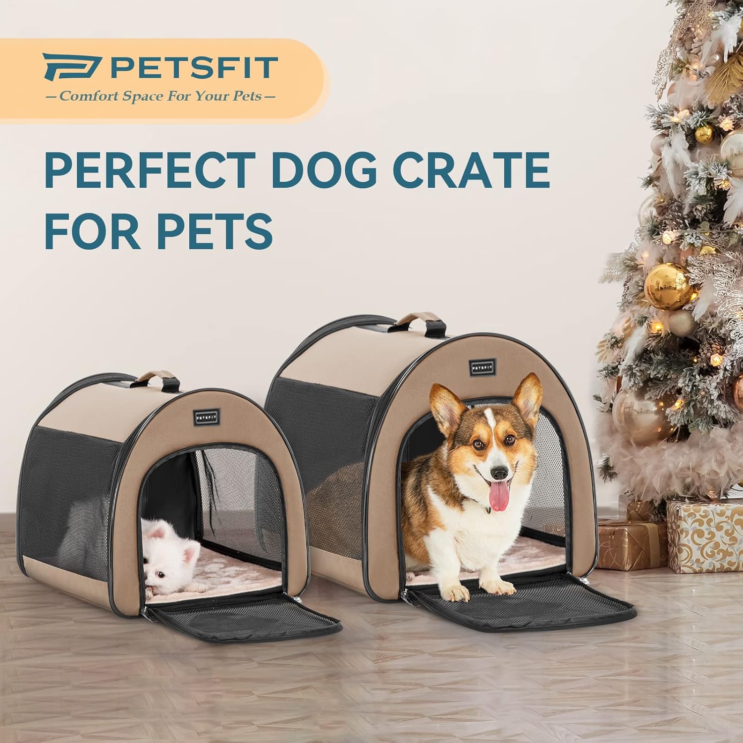 PETSFIT Soft Dog Crate, Dog Travel Crate - 26.5 Inch Lightweight, Roomy, Easy to Set Up, Portable Pop Up Dog Carrier with Thick Mat, Sturdy Soft Sided Dog Crate, Khaki - Image 2