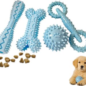 4 Pack Puppy Teething Toys 0-6 Months Dog Chew Toy Cute Rubber Bone,Teeth Clean Ball,Interactive Donut,Treat Dumbbell for Small Dogs(Blue)