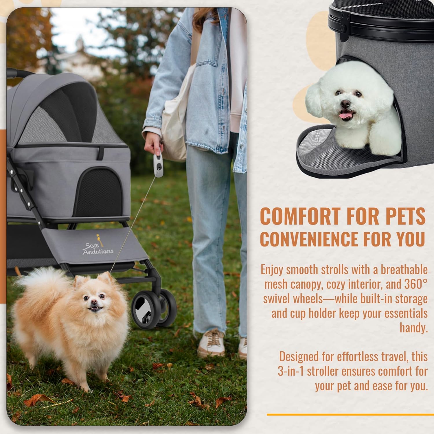 3 in 1 Pet Stroller - Foldable Dog Stroller & Pet Carrier - Included with Storage Bag, Cup Holder & Pet Leach - Cat Carrier with Detachable Basket & Breathable Canopy (Grey) - Image 5