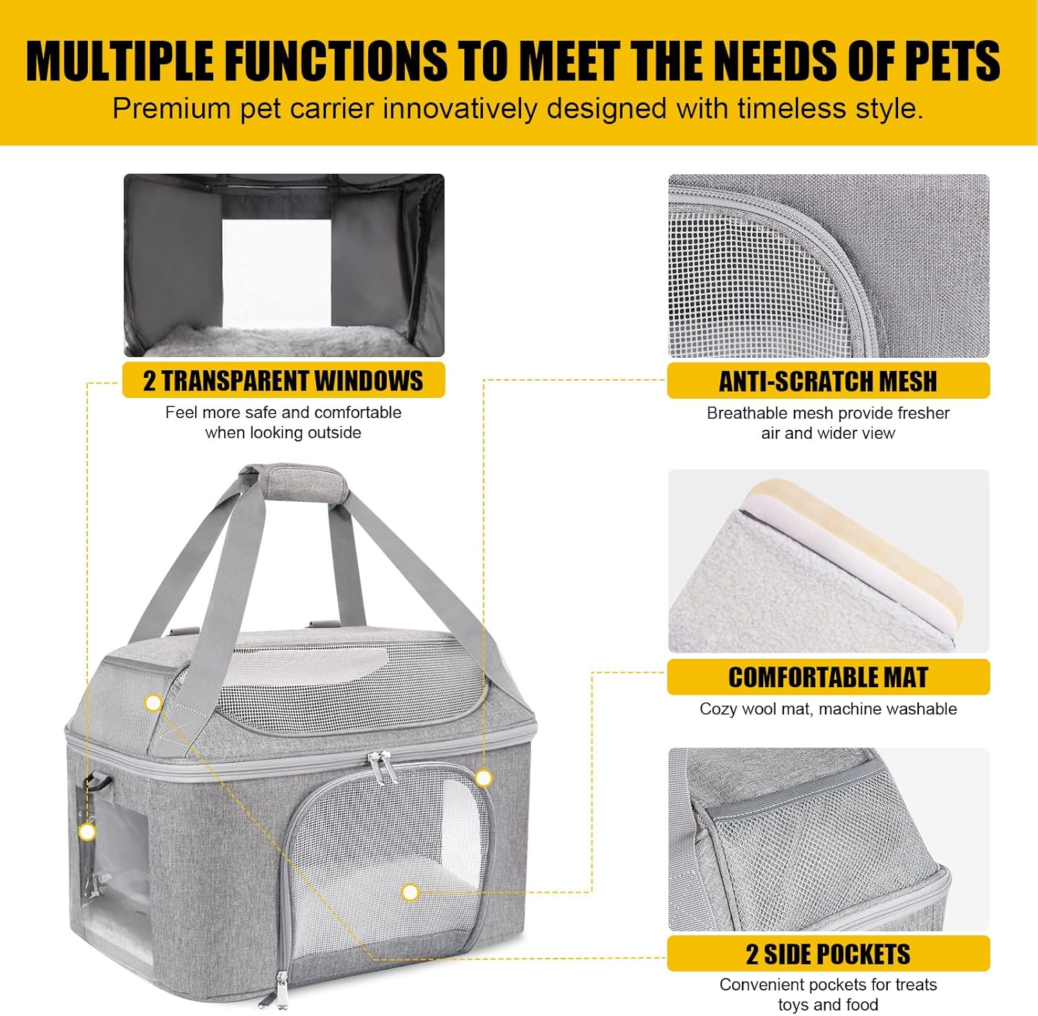 Large Cat Carrier Soft Side Pet Carrier for Kitten Puppy Collapsible Travel Small Dog Carrier, TSA Airline Approved Pet Carriers for Under 20 lbs, Gray - Image 5