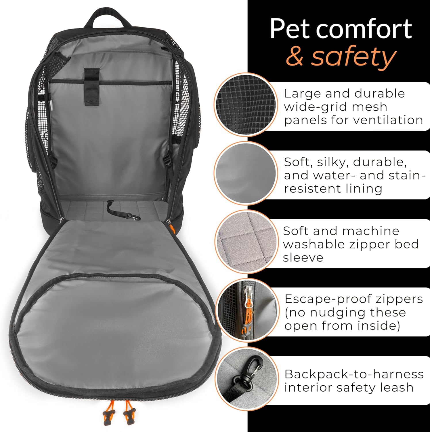 DJANGO Dog Carrier Backpack – Pet Backpack for Small Dogs & Cats with Hip Belt, Laptop Pocket & Water Bottle Sleeve – Travel Dog & Cat Carrier for Hiking, Camping & Commuting (Midnight Black) - Image 5