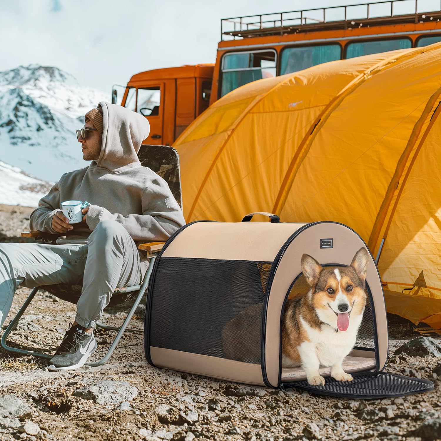 PETSFIT Soft Dog Crate, Dog Travel Crate - 26.5 Inch Lightweight, Roomy, Easy to Set Up, Portable Pop Up Dog Carrier with Thick Mat, Sturdy Soft Sided Dog Crate, Khaki - Image 5