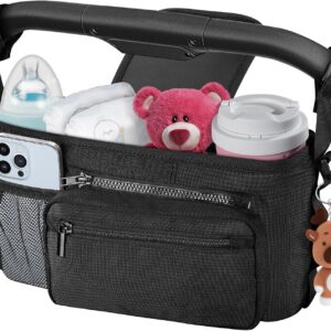 Universal Stroller Organizer with Cup Holder Detachable Phone Bag and Shoulder Strap, Stroller Caddy Fits for Stroller Like Uppababy, Baby Jogger, Doona, Nuna, BOB, and Pet Stroller