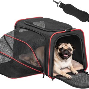 Petsfit Expandable Dog Carrier Large Cat Carrier, Soft-Sided Portable Collapsible Pet Travel Carrier for Kittens, Puppies or Small Animals, 19 x12x12 Inches, Black