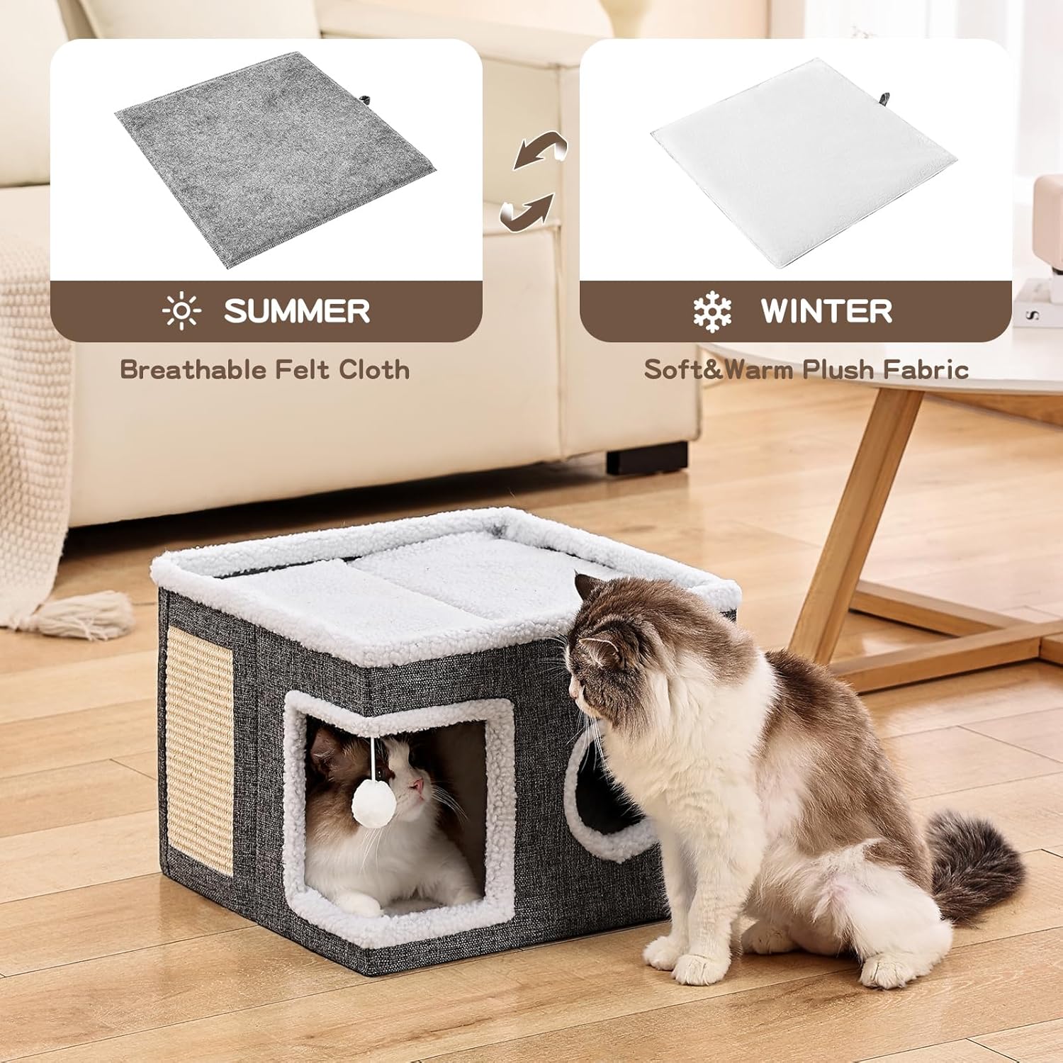 Cat Beds for Indoor Cats, Large Cat Cave with Fluffy Ball and Scratch Pad, Foldable Cat Scratch House with Hideaway Condo for Kitten,16x16x13inch,Grey - Image 4
