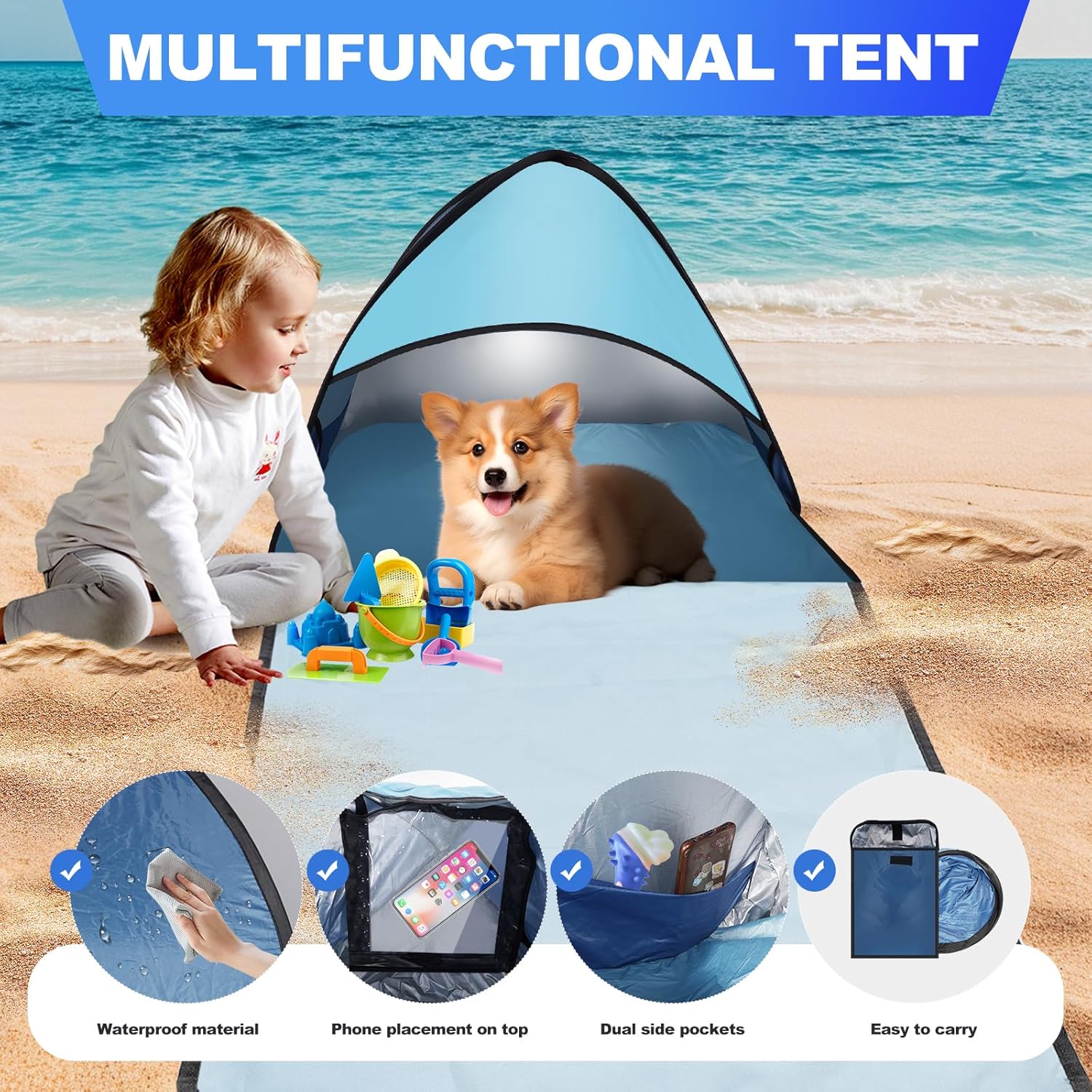 Dog Beach Tent for Pet Shade Pop Up Portable Mini Head Sun Shelters Canopy for Camping Outdoor Hiking Picnic Windproof Waterproof with Tent Nails Phone Stand for Puppy Cat Small Animals(Blue) - Image 5