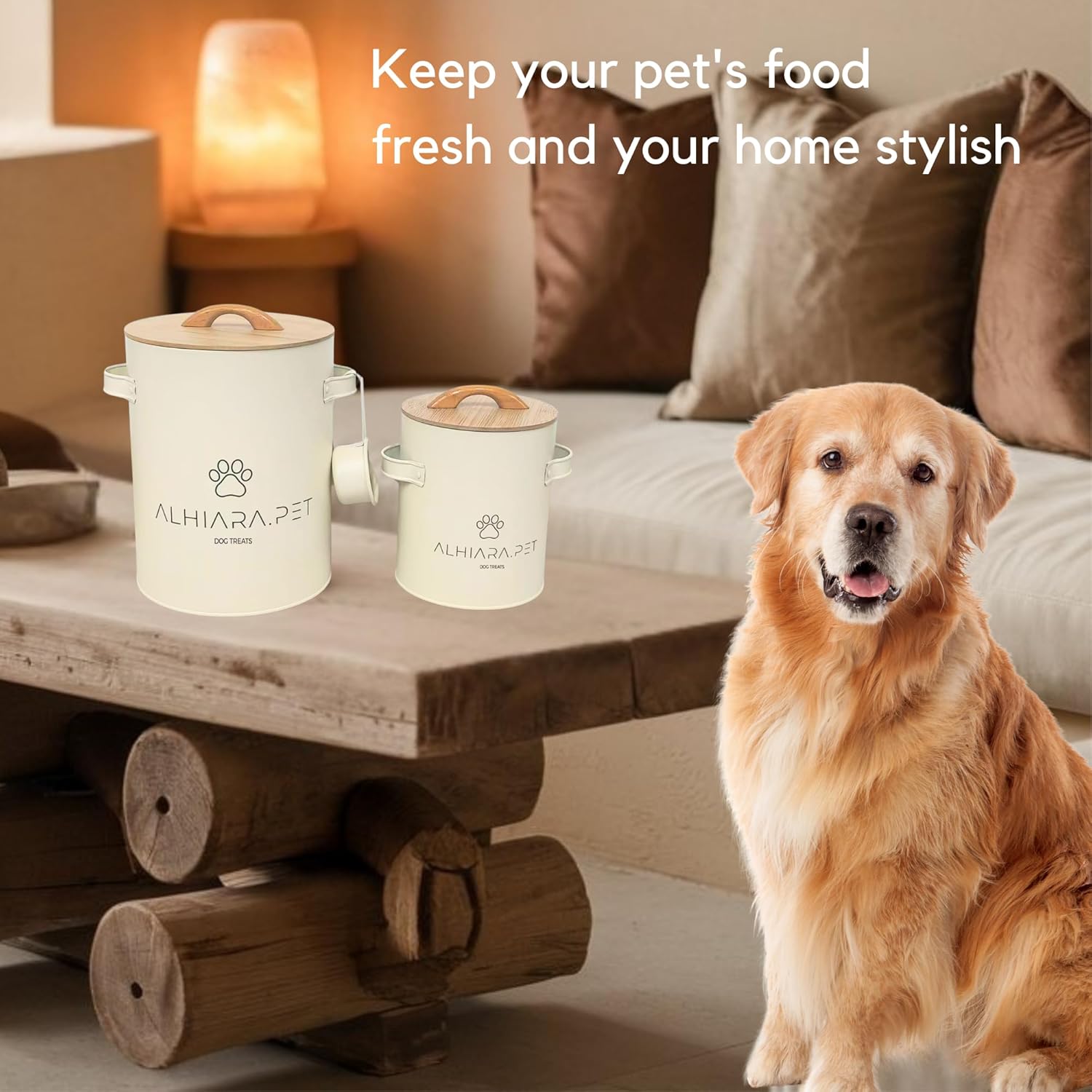 Dog Food Container & Dog Treat Container – Airtight Metal Canisters with Bamboo Lid & Scoop – Holds Up to 24 Cups of Kibble, Biscuits & Snacks – Decorative Farmhouse Storage - Image 6