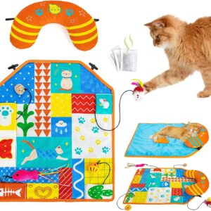 2-in-1 Cat Mat with Pillow for Small Medium Large Cats,Cute Cat Catnip Toys,Soft Plush Crinkle Toys for Kitten Sleeping Snuffing Playing,Machine Washable Pet Cushion Pad Mat Cat Gifts