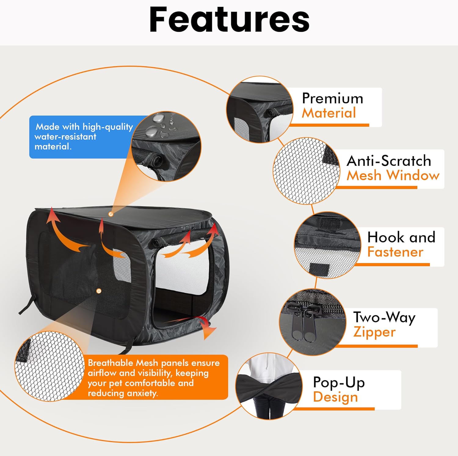 Beatrice Home Fashions Portable, Collapsible, Pop Up Kennel Travel Cat and Dog Crate, 32.5" L x 19.5" W x 19.5" H, Black - Image 4