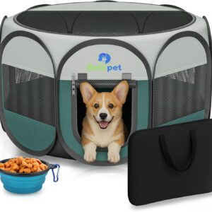 Playpen for Small Dogs Cats Crate: Puppy Play Pen Indoor Outdoor Foldable Potable Exercise Cage Pop up Kennel for Guinea Pig Rabbits Hamster Travel with Carrying Case & Food Bowl (Green, S, 1)