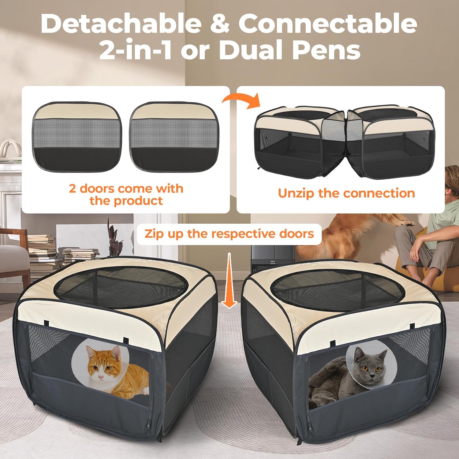 2-in-1 Pop Up Cat Playpen, Detachable into 2 Separate Pens with Additional Doors, Assembly-Free Portable Dog Crates Pet Pen Tent Kennel Kitten Puppy Enclosure Cage Indoor Outdoor Foldable Condo(S) - Image 2