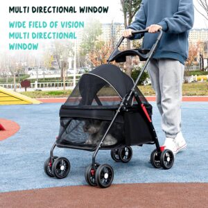4-Wheel Pet Stroller, Dog and Cat Stroller, Breathable Visible Mesh, Lightweight Travel Carrier, Waterproof & Foldable Design, Storage Organizer and Cup Holder, for Daily Walks & Outdoor Use Black