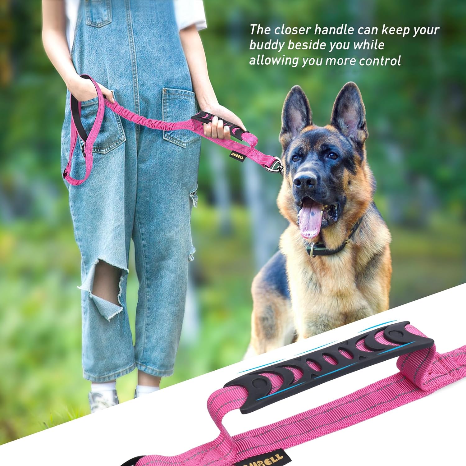 AUBELL Tactical Dog Leash Heavy Duty,4-6ft Reflective Strong No Pull Bungee Leash for Medium Large Dogs with Comfortable Padded Double Handle,Car Seat Belt,360 Degree Rotating Carabiner,Pink - Image 4