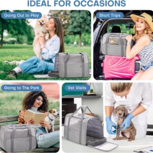 JUNGYOON Large Cat Carrier – Soft-Sided Airline-Approved Pet Carrier Bag with Top Opening, Portable Travel Carrier for Big Cats & Dogs Up to 20lbs – Safety Zippers, Collapsible Bowl,Grey