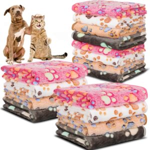 12 Pcs Small Dog Blanket Fleece Puppy Blankets Washable Pet Blankets for Cats Soft Flannel Paw Printed Throw for Guinea Pig Indoor Kittens Doggie (23 X 16 Inch, White, Gray, Pink, Camel)