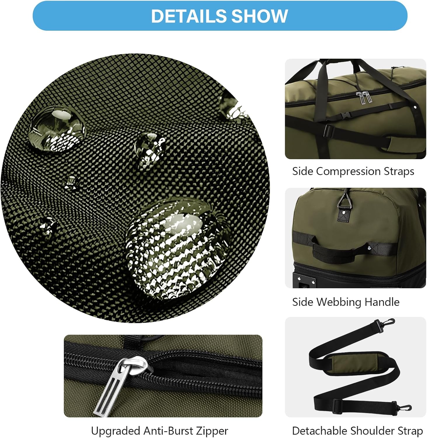 Vomgomfom Wheeled Collapsible Duffel Bag,110L-140L Expandable Checked Luggage, No-Telescopic-Handle with Anti-Burst Zipper & Reinforced Frame,Army Green - Image 5