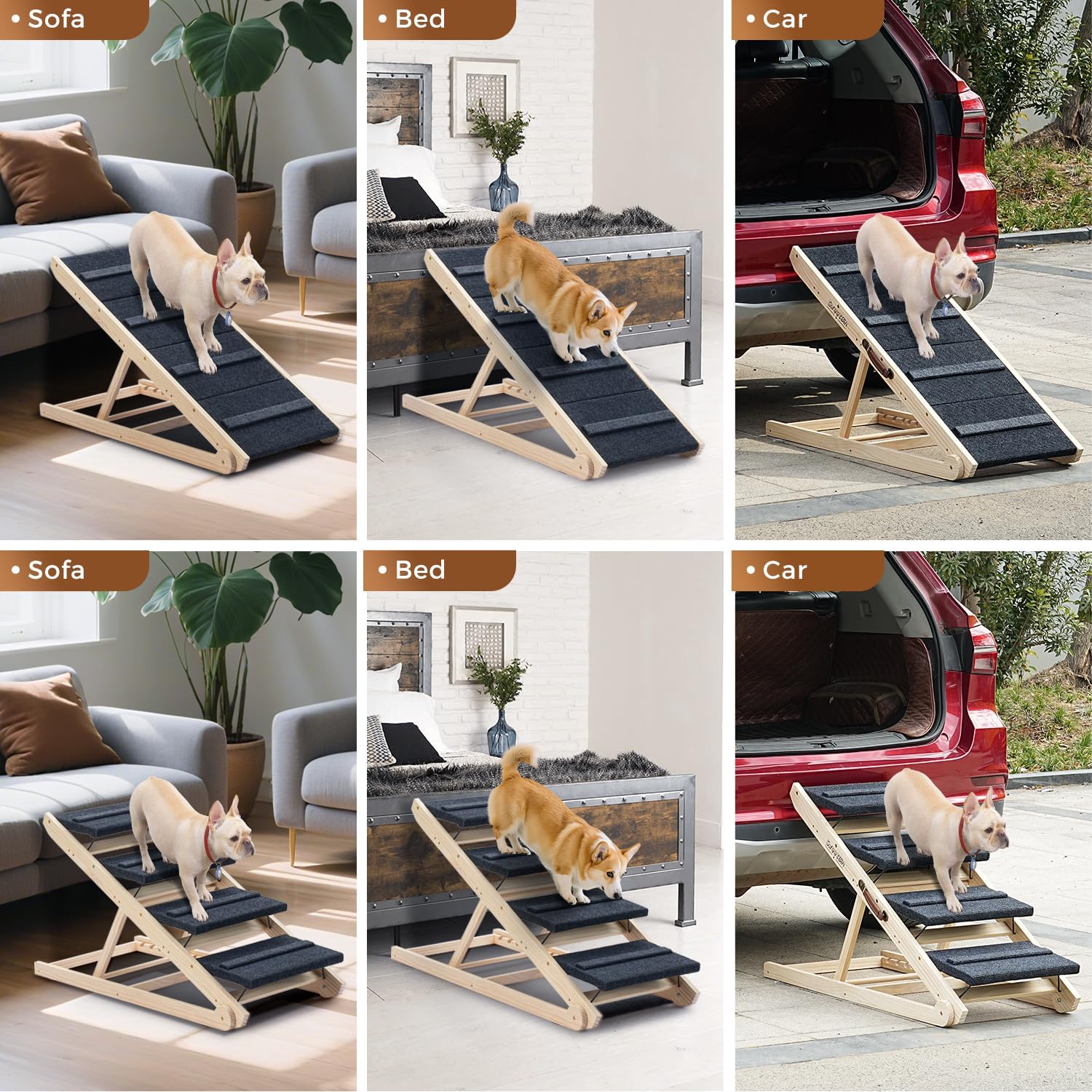 2025 Upgraded Dog Steps for Bed & Couch - 2-in-1 Dog Stairs/Ramp for Small to Large Breeds - 45.3" Long Adjustable 14"-26" Up to 200LBS - Folding Portable Wooden Pet Stairs for high Bed Couch Car - Image 6