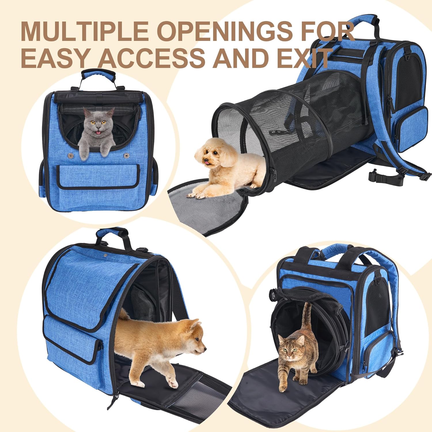 Cat Carrier Backpack for Large Cats Pet Backpack Carrier for Small Dogs, Expandable Cat Backpack Up to 15 Lbs, Foldable Cat Carrying Backpack for Travel Hiking (Blue) - Image 3