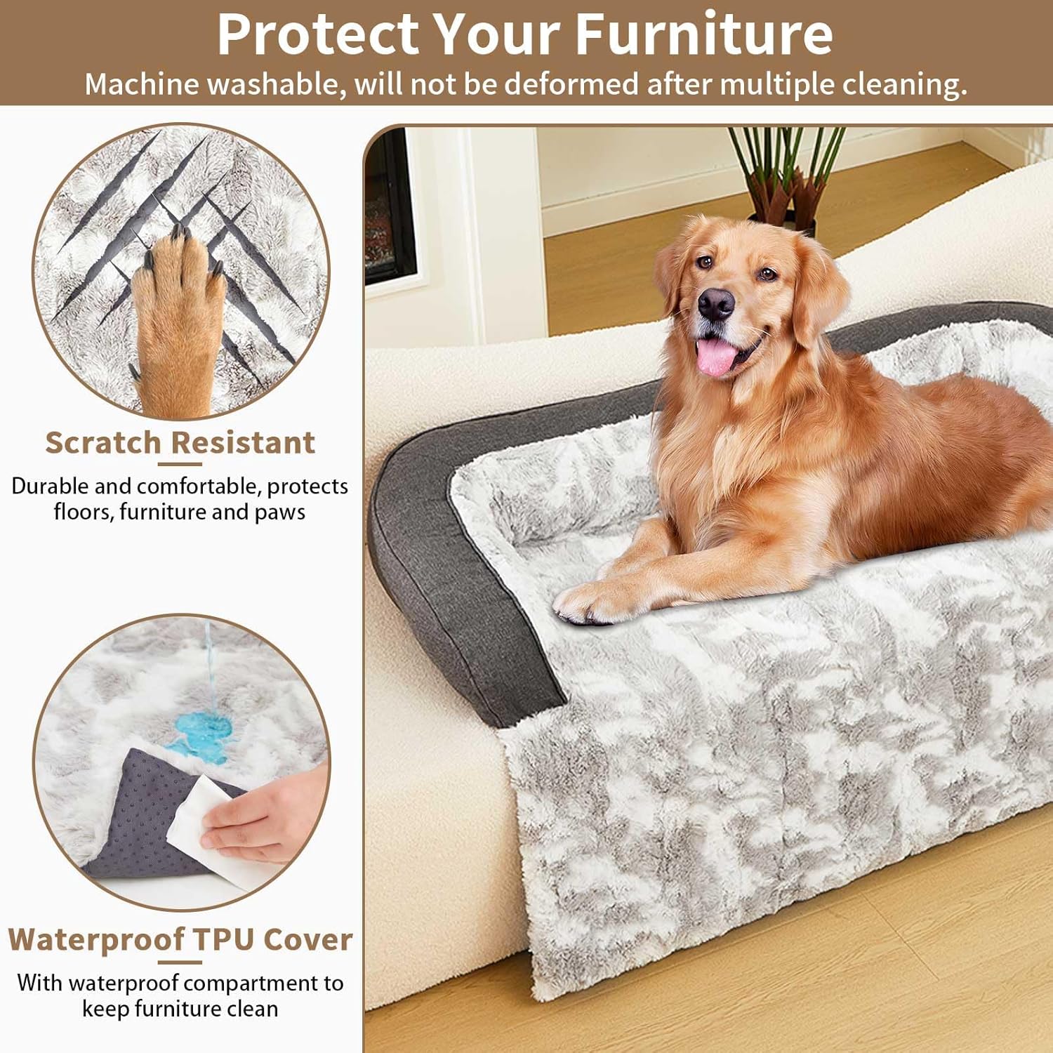 Calming Dog Couch Bed Mat, 41x37 Inch Waterproof Fluffy Sofa Cover, Furniture Protector with Handle, Removable and Washable Pet Bed for Medium Large Dogs and Cats (Grey) - Image 4