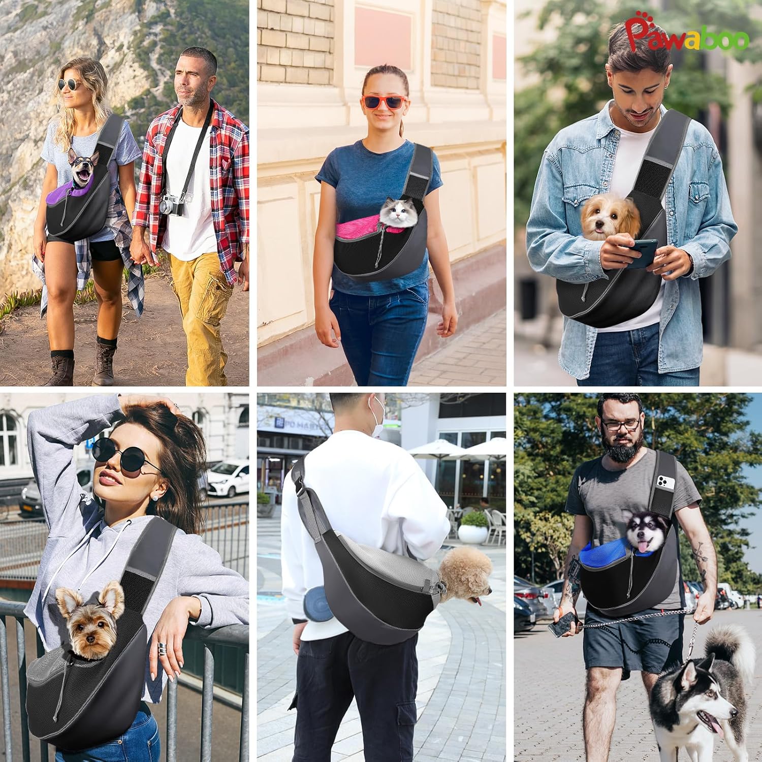 Pawaboo Dog Sling Carrier, Hand Free Breathable Mesh Bag for Puppy Cat, Drawstring Dog Papoose with Adjustable Strap and Pocket, Crossbody Satchel Dogs Purse for Outdoor Travel, L, Deep Purple - Image 6