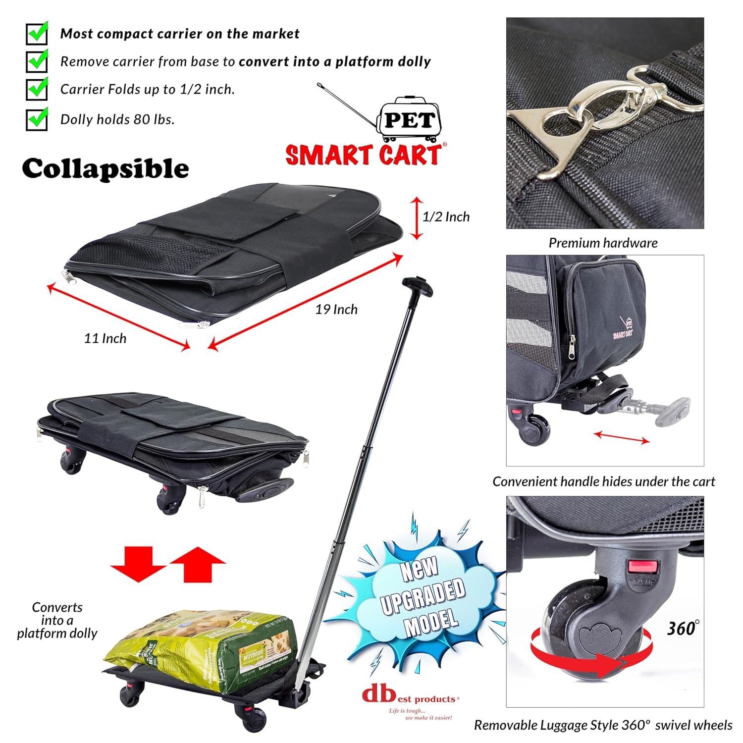 dbest products Pet Smart Cart, Medium, Black, Rolling Carrier with wheels soft sided collapsible Folding Travel Bag, Dog Cat Airline Approved Tote Luggage backpack - Image 2