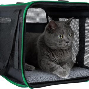 petisfam Easy Load Pet Carrier Bag for Medium and Large Cats with Durable Double-Thickness Fabric and Stable Structure. Black w/Green Trim, L