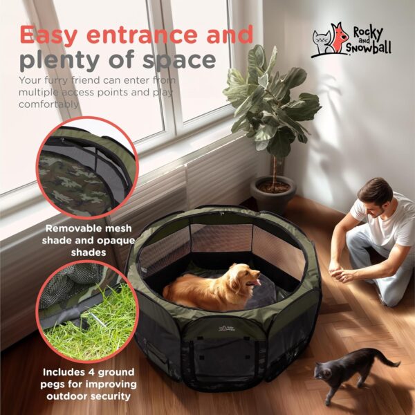 Rocky + Snowball Pop Up Playpen for Dogs - Puppy Dog Cats Rabbits Play Pen for Indoors or Outdoors - Portable Playpen with Carrying Case & Collapsible Bowl - Camo Print - XL - Image 5