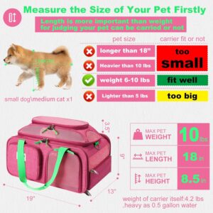 19x13x9 TSA Approved top Expandable pet Carrier for Small Dog Puppy cat up to 10 lbs Weight and 18” Length, for Southwest Spirit Canada Airlines(Pink)