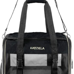 Katziela Deluxe Quilted Airline Approved Pet Dog & Cat Carrier for Airplane Travel (Small, Black)