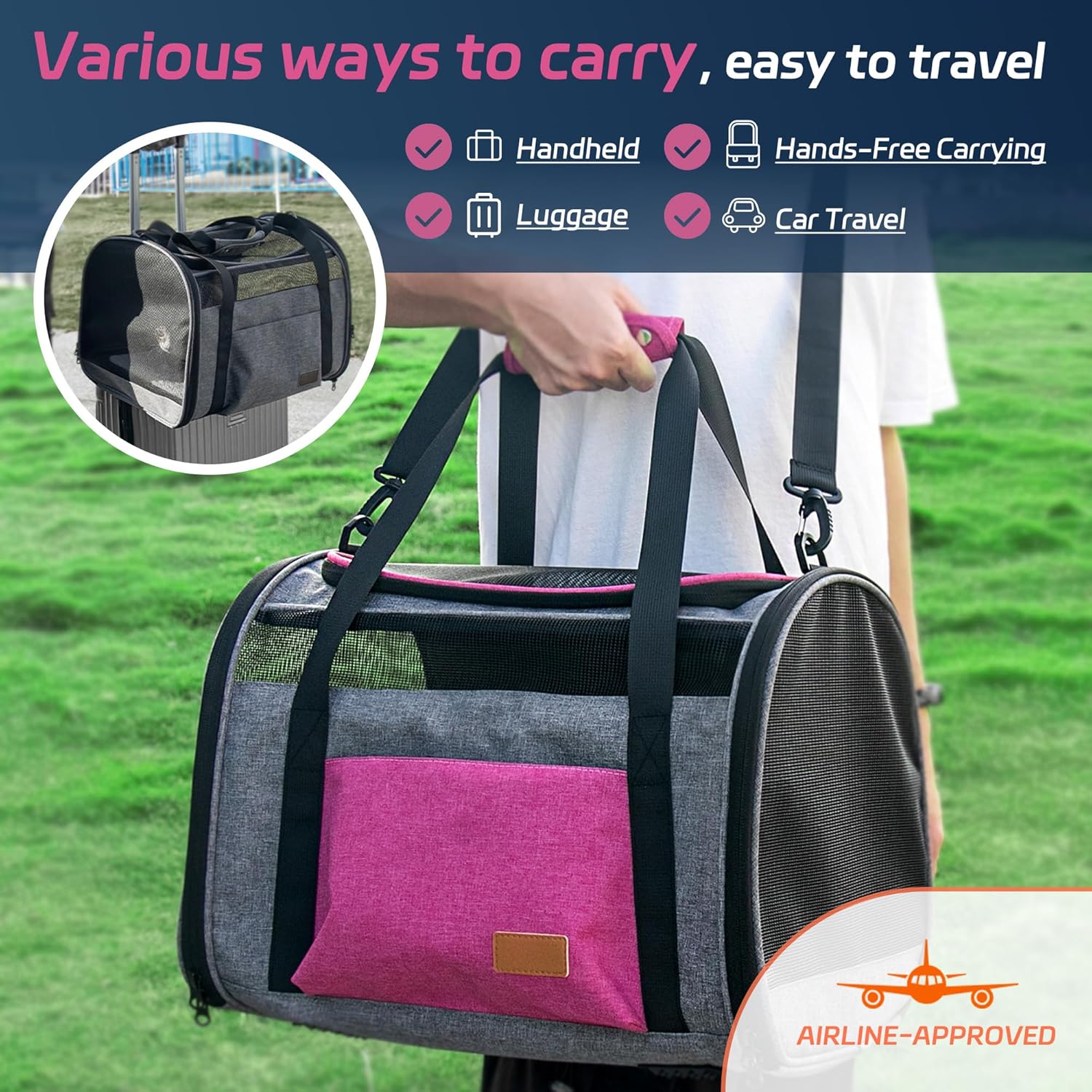 Large Cat Carrier for 20 lbs Pets - Soft Sided Breathable Mesh Travel Carrier, Airline Approved, Washable for Small Dogs Puppies, Foldable, Pink - Image 4