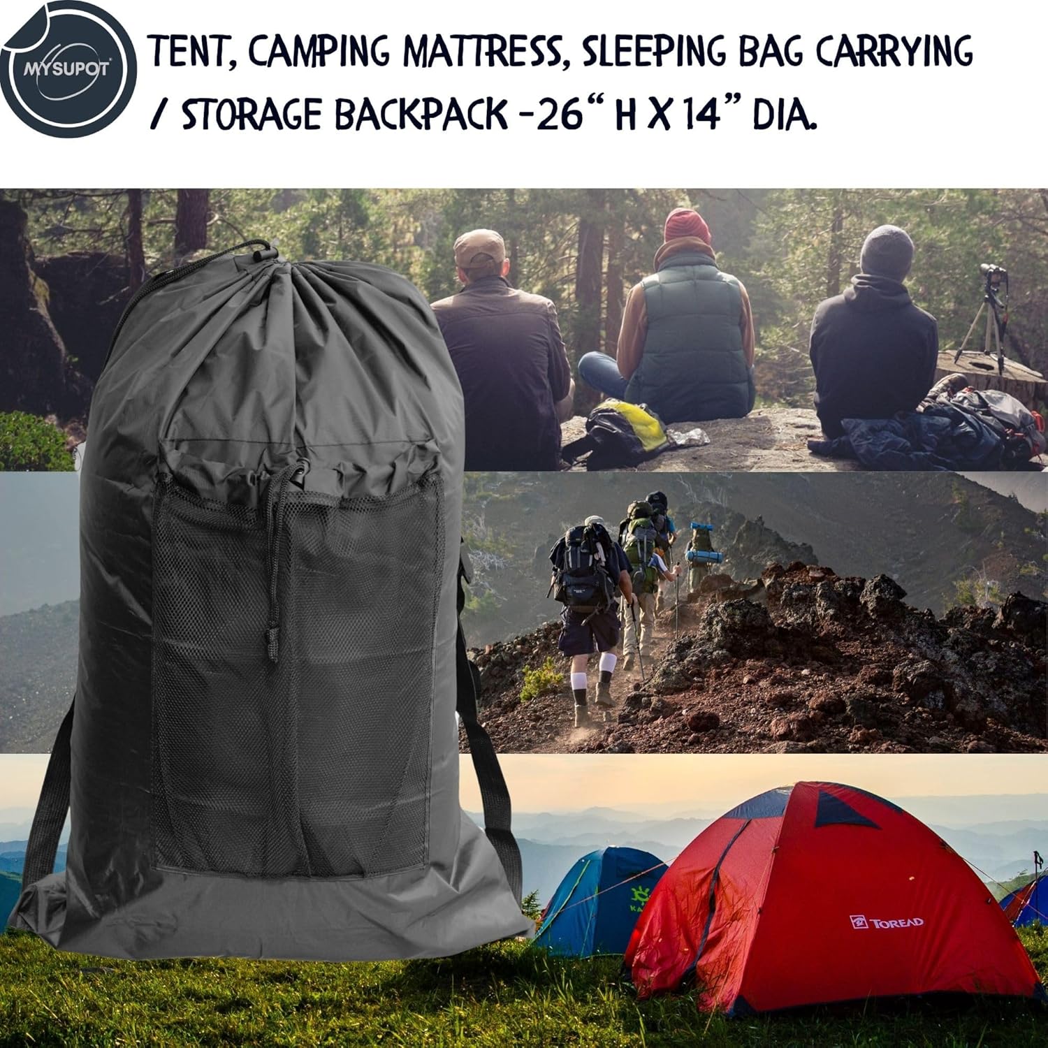 BLACK Tent Bag. Also, for Sleeping Bag, Camping Mattress, Laundry, Beach Chair, Flip or Bleacher or Booster Seat, Dog Bed, etc. Light Duty 420D Polyester w/Adjustable Straps - Image 4