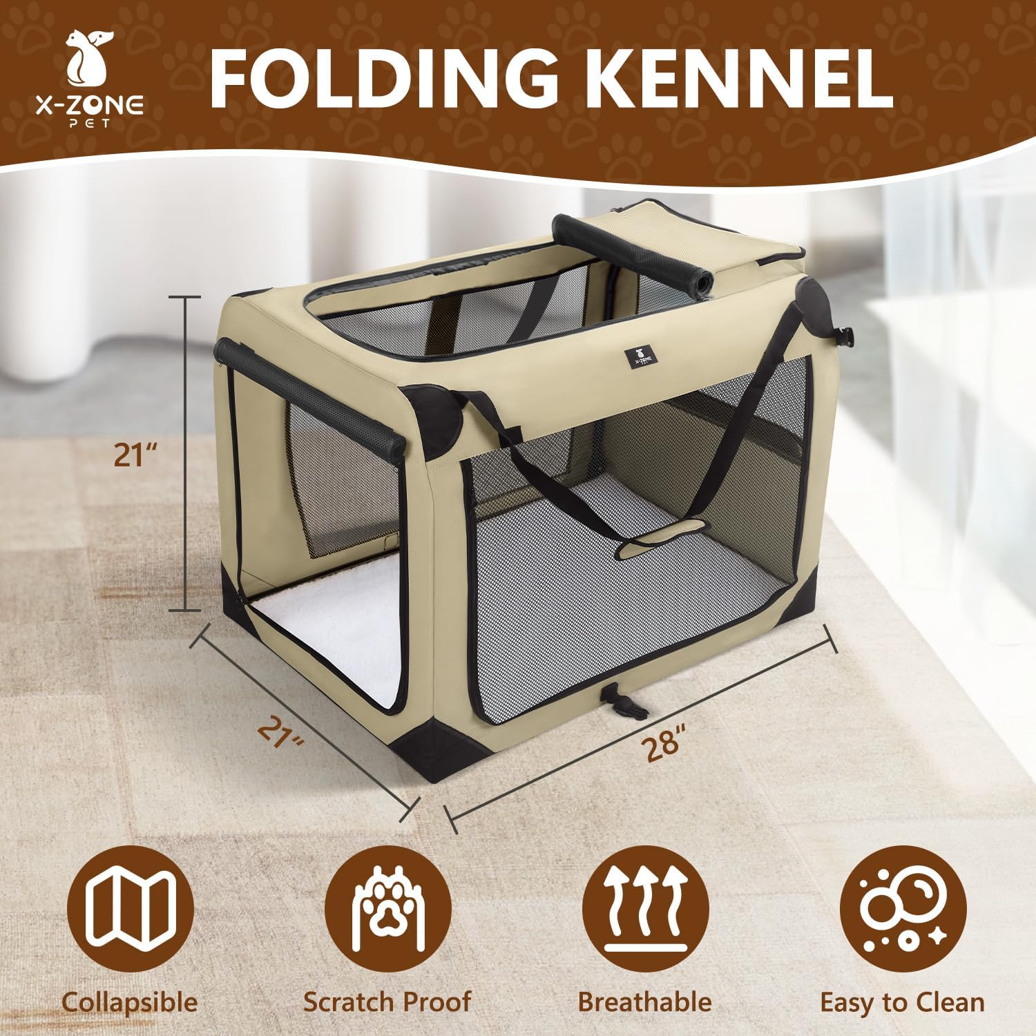 X-ZONE PET Dog Crate 3-Door Kennel, Collapsible Portable Soft Sided Pet Carriers for Indoor & Outdoor, Multiple (28-Inch, Rice White) - Image 3