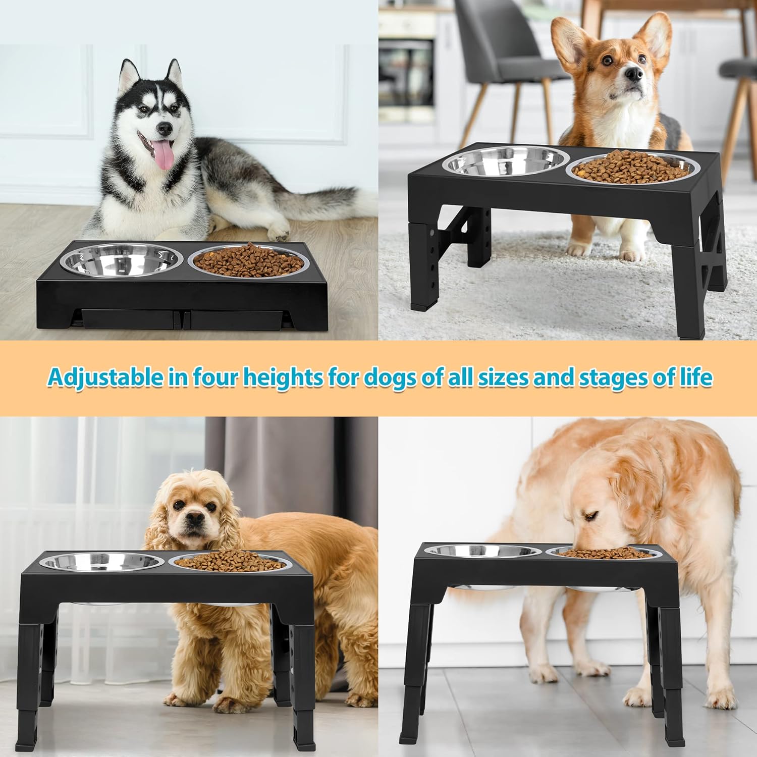 Niubya Elevated Dog Bowls with 2 Stainless Steel Dog Food Bowls, Raised Dog Bowl Adjusts to 5 Heights (3.15", 8.66", 9.84",11.02", 12.2") for Small Medium and Large Dogs - Image 4