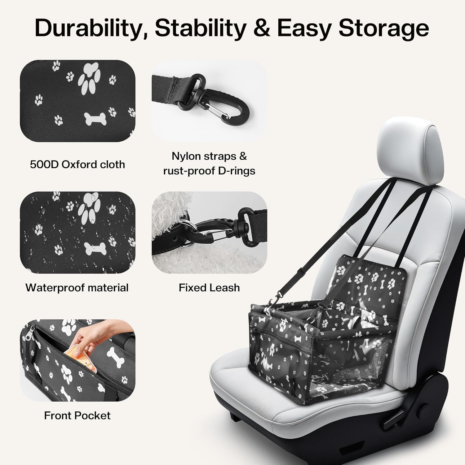 Dog Car Seat for Small/Medium Dogs up to 20 lbs, Portable Pet Travel Seat with Safety Belts & Storage Pockets, Waterproof & Scratch-Resistant, Fits in Front/Back Seat, Fully Washable - Image 3