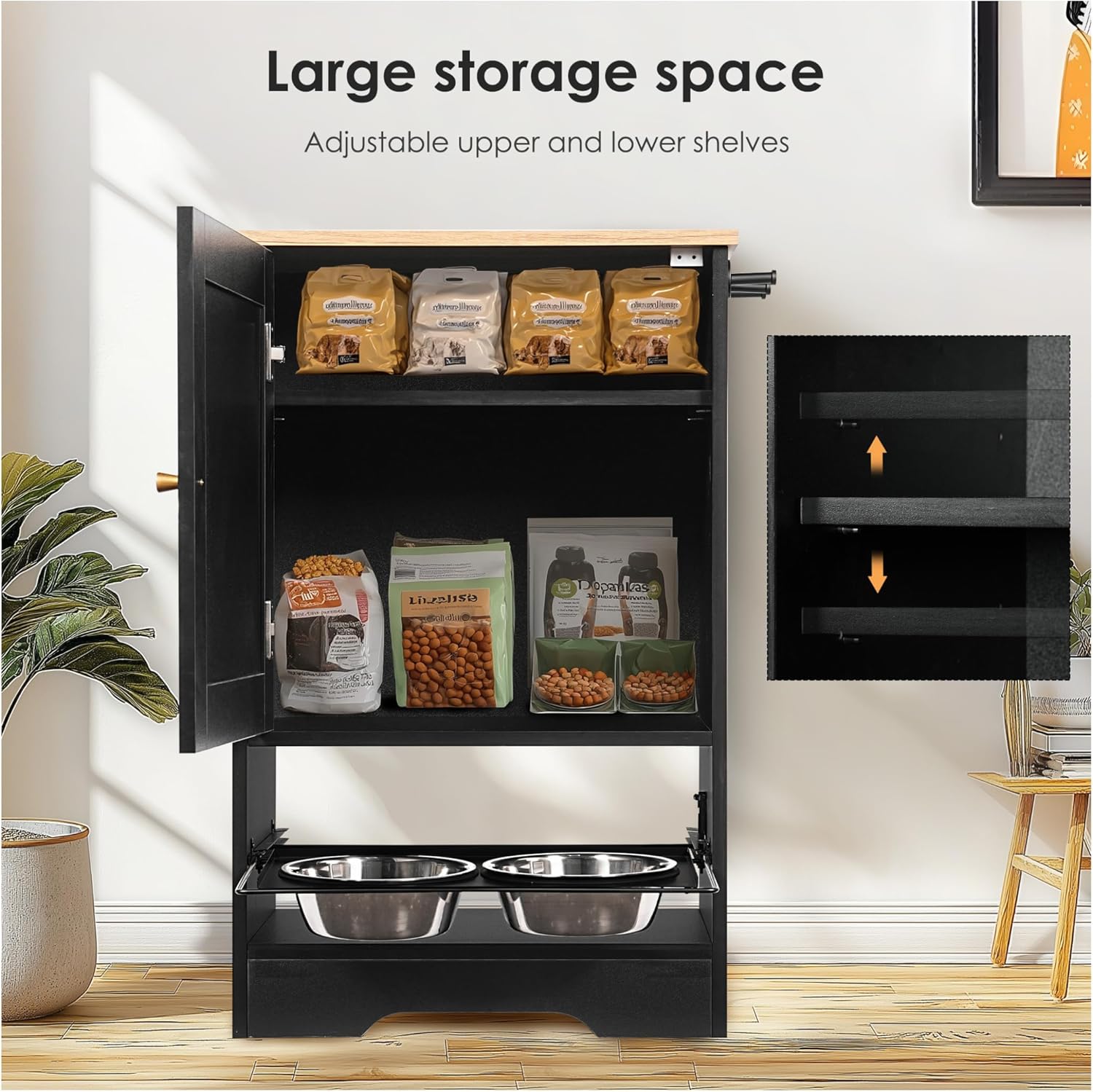 Pet Feeding Station with Storage - Elevated Dog & Cat Feeder - Hidden Design, Anti-Tip Kit, Black - Image 5