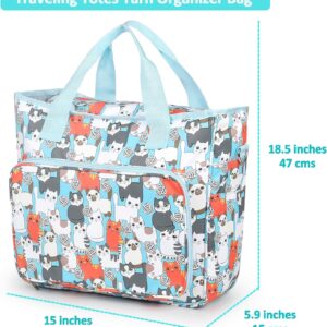 Aeelike Yarn Storage Organizer Travel Crochet Bag, Large Capacity Tote Bag Knitting Bag for Carrying Projects, Knitting Needles, Crochet Hooks and Yarn, Cute Blue Cat