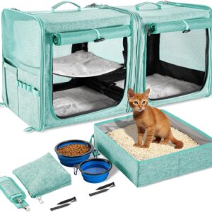 Suertree Cat Carrier for 2 Cats, Pet Travel Carrier with Litter Box for Cats and Small Dogs Up to 45 Lbs, Bowls, and Locking Zippers, Green