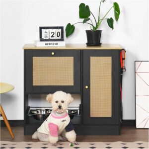 Pet Feeding Station with Storage - 2 Lockers, Elevated Bowls, Anti-Tip Kit - Dog & Cat Food Station - Black Rattan