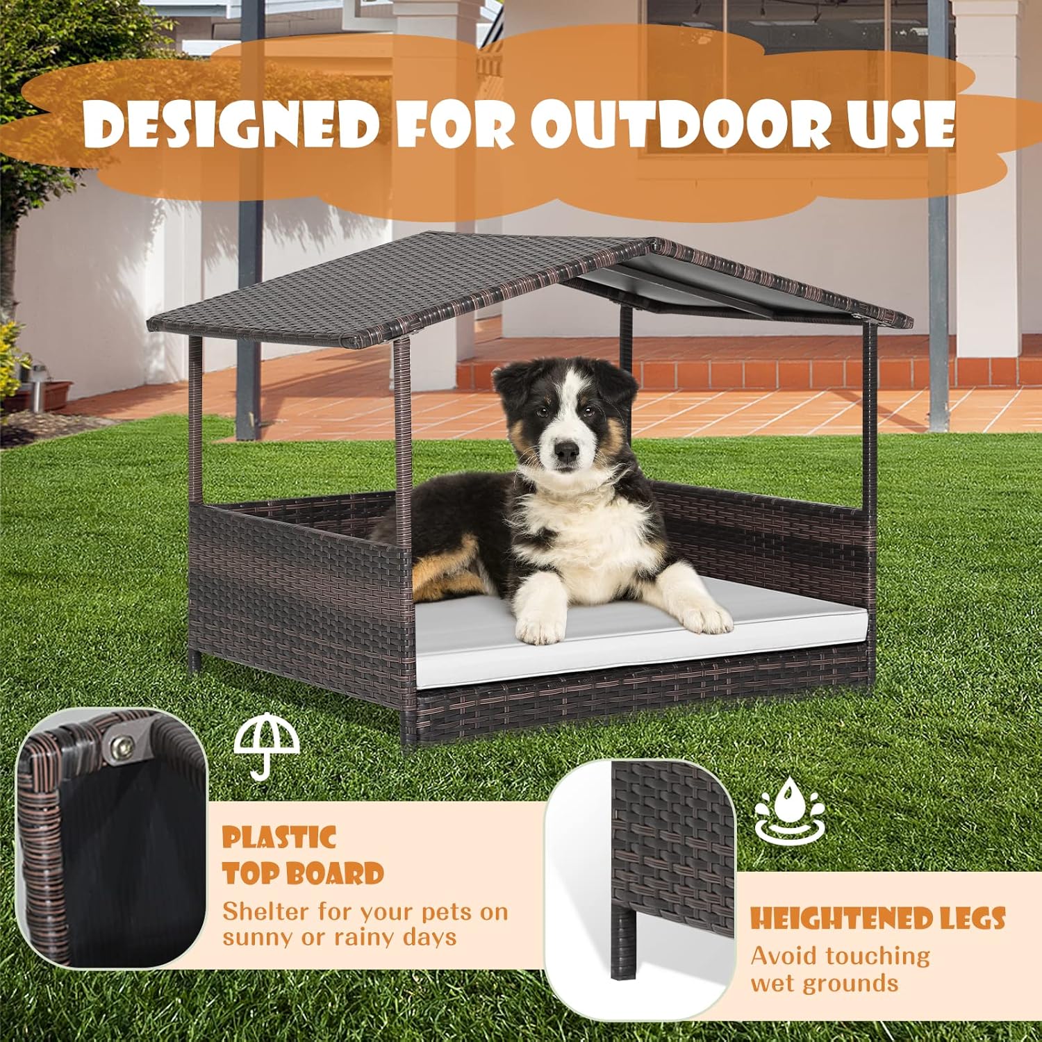 Giantex Wicker Dog House, Raised Rattan Dog Bed with Waterproof Roof, Washable Cushion Cover, Steel Frame, Indoor Outdoor Elevated Dog Bed Pet House for Small Medium Dogs Cats, Easy Assembly - Image 3