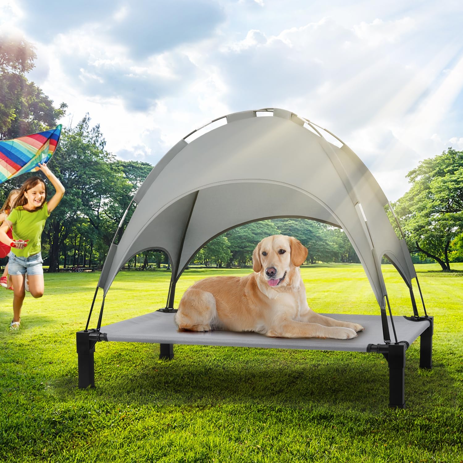 Heeyoo Elevated Dog Bed with Canopy, Outdoor Dog Bed Cot with Removable Shade Tent, Portable Raised Pet Cot Cooling Bed for Dogs and Cats, Grey - Image 7