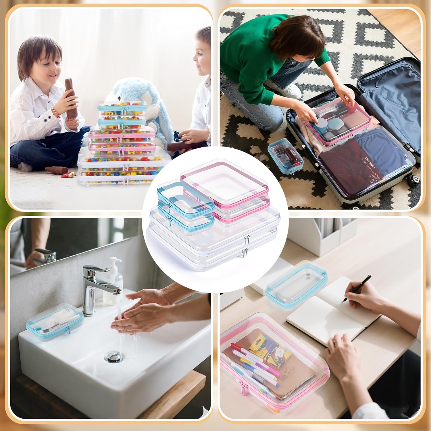 6Pcs Clear Hard Shell Zipper Case Set Travel Organizer, Hard Plastic Zipper Pouches Multi-Purpose Storage for Makeup, Toiletry, Office Supplies & Kids Toys - Image 6