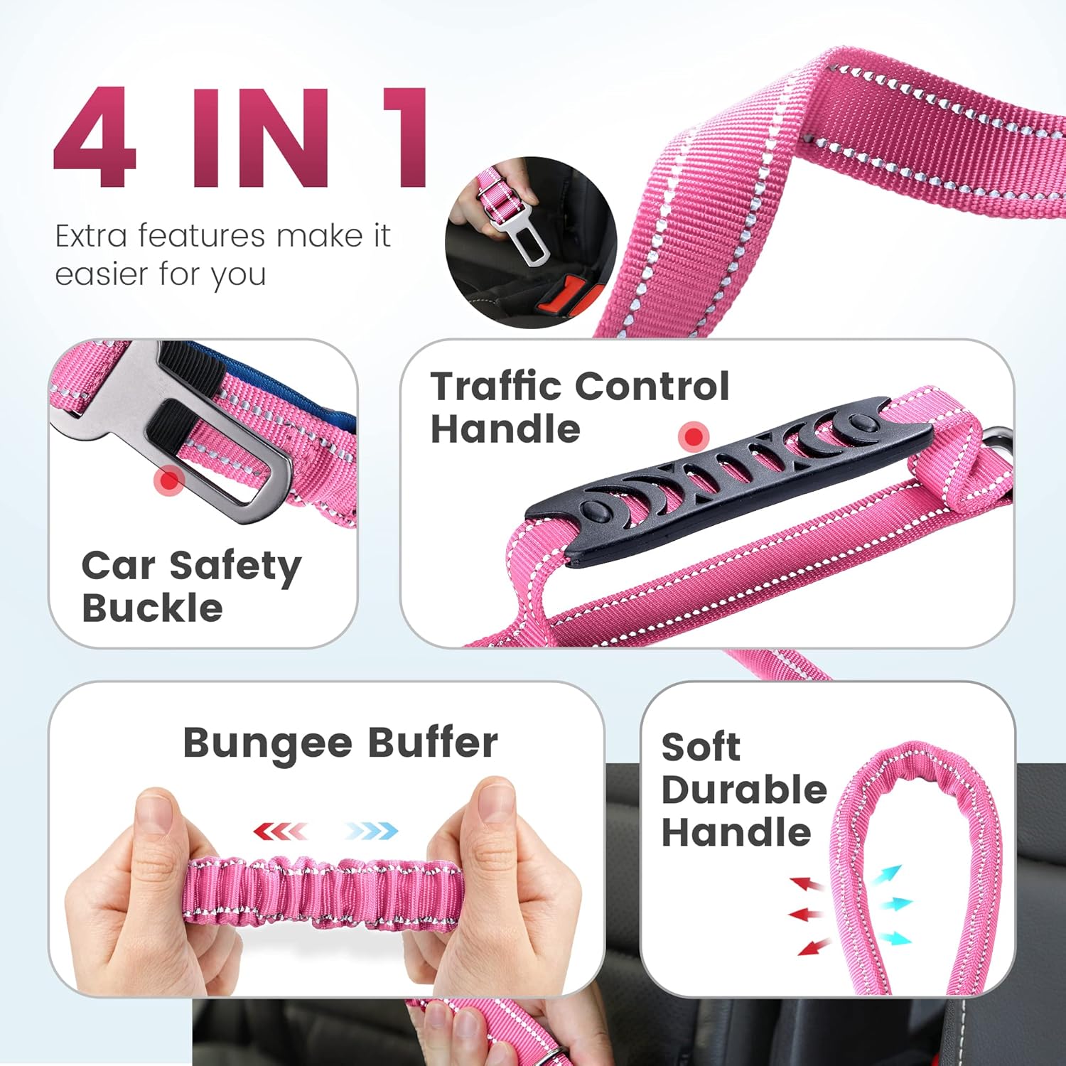 IOKHEIRA 6Ft /4Ft Dog Leash Rope for Large Dogs, Heavy Duty with Comfortable Padded Handle and Highly Reflective Threads,4-in-1 Multifunctional Dog Leashes with Car Seat Belt for Training (Pink) - Image 4