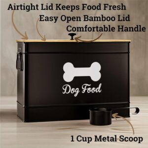 Dog Food Container Airtight 15 lb (50 Cup) Capacity with Metal Scoop – Cute Airtight Dog Food Storage Container with Bamboo Lid – Black Metal Kibble Storage Bin for Dogs up to 100 lbs – Big Pet Jar