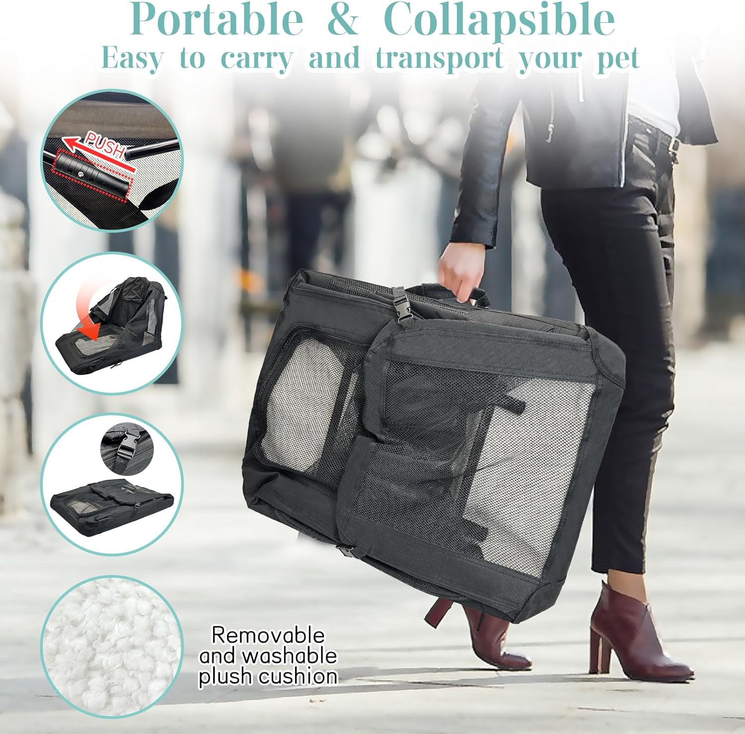 Fhiny Large Cat Carrier for 2 Cats, 24"x17"x17" Soft Dog Crate Collapsible Portable Travel Pet Carrier Bag Durable Breathable Foldable Kitten Carrier Bag for Cats Puppy Under 45 Lbs Black - Image 4