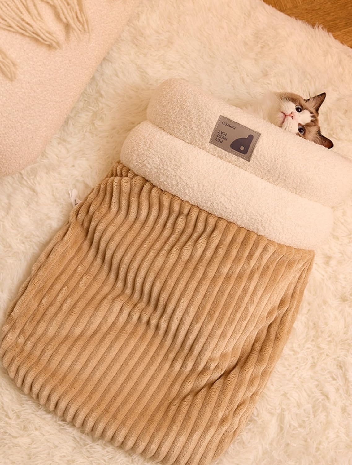 Cozy Pet Nest for Cats and Dogs, Semi-Enclosed Design, 360° Wrap Soft Plush Large Cat Sack Self Warm Cats Bed, Cat Bed Cave Sleeping Bag for All Seasons (Off White, L) - Image 2