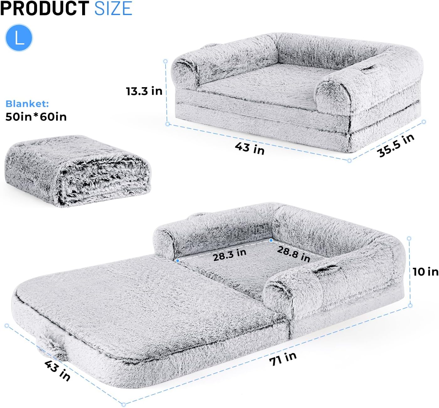 Human Dog Bed for Adult, 2 in 1 Foldable Giant Dog Bed for People Fits Pet Families, Egg Foam Supportive Mat, Waterproof Liner, Faux Fur Human Size Pet Bed with Blanket, 71"x43"x10", Grey - Image 2