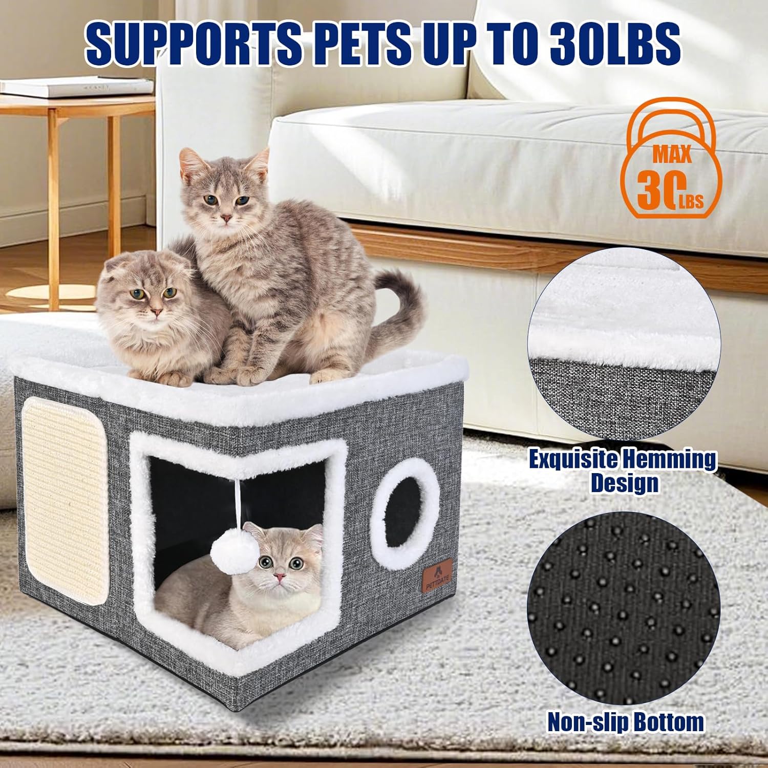 Cat Beds for Indoor Cats, Large Cat Cave Bed with Scratch Pad and Fluffy Ball, Foldable Cat Hideaway, Cat House with Reversible Cushion for Multi Small Pet Up to 30LBS, Grey - Image 3
