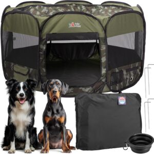 Rocky + Snowball Pop Up Playpen for Dogs - Puppy Dog Cats Rabbits Play Pen for Indoors or Outdoors - Portable Playpen with Carrying Case & Collapsible Bowl - Camo Print - XL