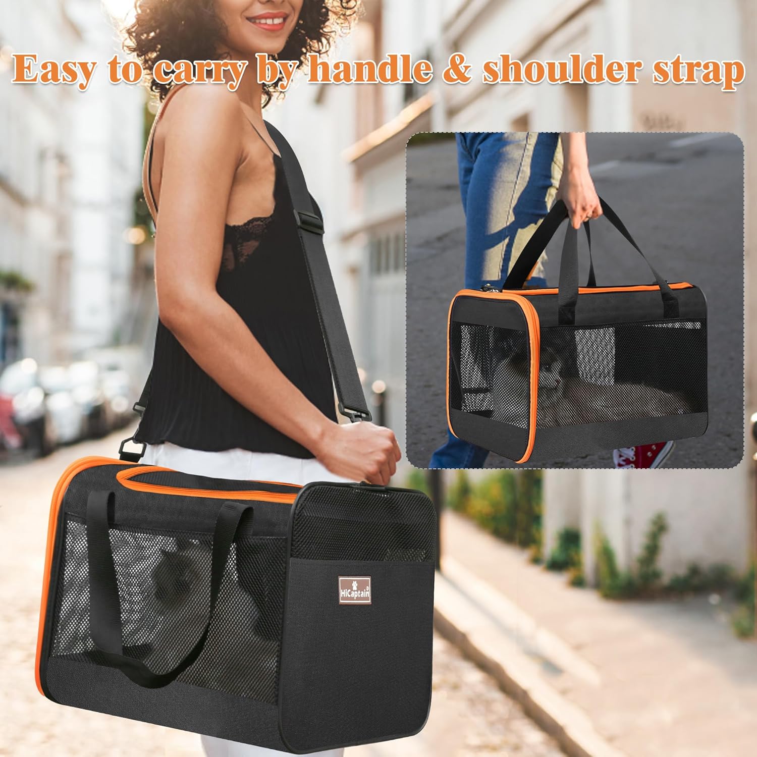 HiCaptain Black Cat Carrier Bag, Lightweight Soft Cat Carrier with Top Mesh Window, Breathable Pet Carrier for Medium Cats and Small Dogs Puppies up to 15 lb - Black - Image 6